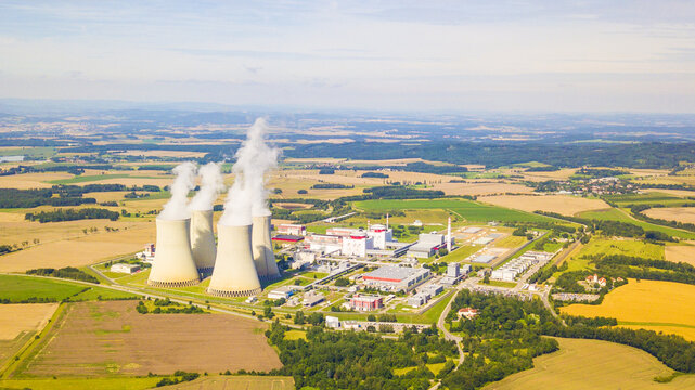 Aerial view of nuclear power plant Temelin. South bohemia in Czech republic, European union. Large nuclear power station from above. Background concept.