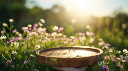 flower meadow nature product background for beauty, perfume and fashion items, created with generative AI technology