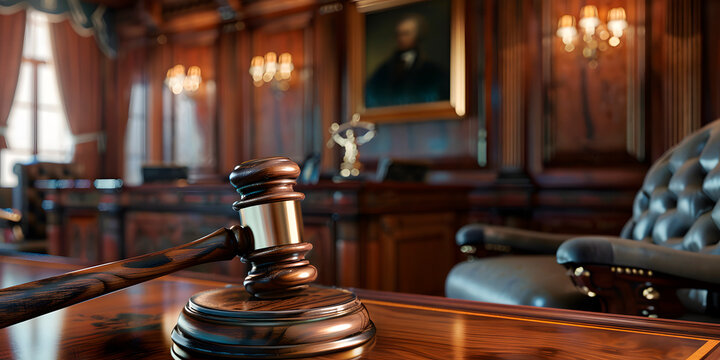 Juzgado de leyes de justicia o jurado con un mazo de juez de madera en formato horizontal 