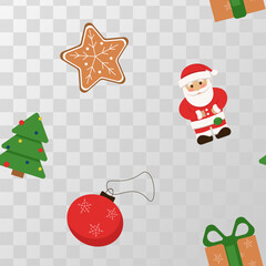 New Year seamless pattern with Santa Claus, Christmas tree, gift, gingerbread cookies and Christmas tree toy on an isolated background. Vector.