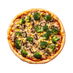 Vegetarian Veggie Pizza with Broccoli, Corn and Mushrooms Isolated on a Transparent Background