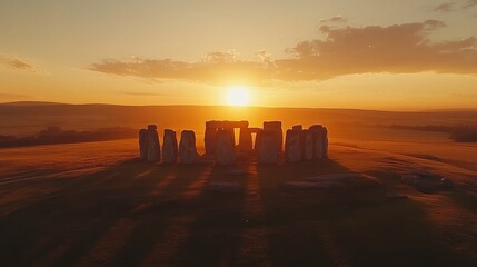 Sunset Over Stonehenge With Golden Sky and Shadows on the Landscape