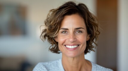Fototapeta premium Happy Smiling Woman in Cozy Indoor Setting During Daylight Hours