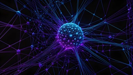 A colorful sphere is surrounded by a web of blue and purple lines