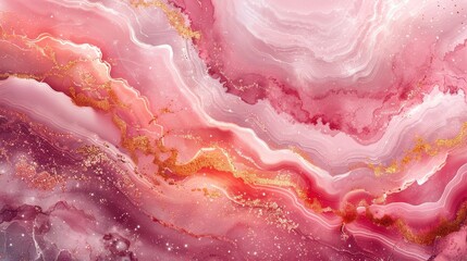 An abstract pink marble background with gold watercolor accents and white glitter. The seamless agate effect and fluid design create a modern and refined wallpaper