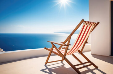 stylish wooden lounger on sunlit terrace, overlooking calm sea and bright blue sky