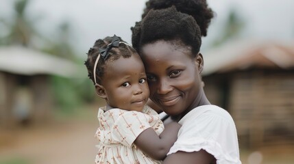 Fototapeta premium Mother Embracing Child in Rural Village During Overcast Day