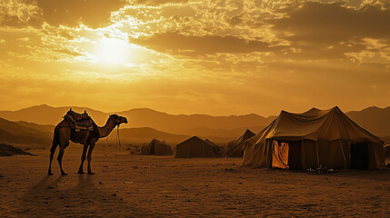 Camel near traditional tents against a golden desert backdrop at sunset, capturing nomadic life