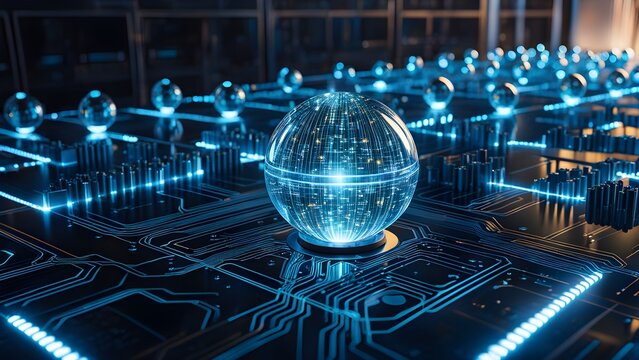 A computer chip with a glowing ball in the center - Powered by Adobe