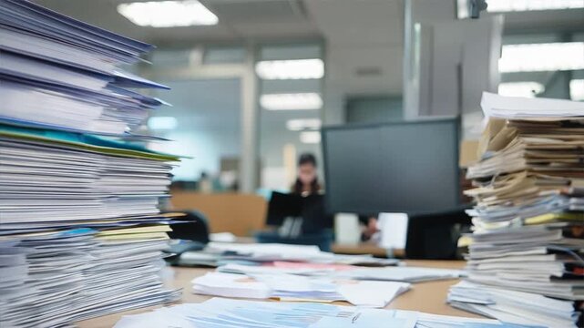 Close-up of a pile of reports and files with an office cubicle in the background.