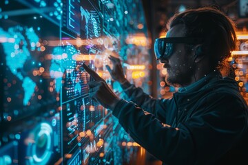 Augmented Reality Design. A man using augmented reality glasses interacts with a high-tech digital display, surrounded by vibrant holographic data and futuristic interface elements in a dimly lit room