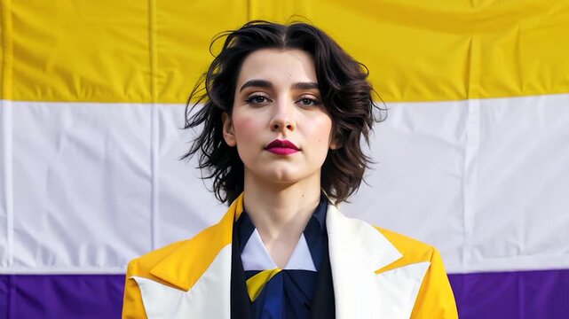 Non binary person woman in yellow coat standing against non-binary flag