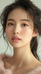 Naklejka premium Ethereal Beauty of an Asian Female Model: A Portrait Celebrating Healthy Facial Skin and the Natural Look in Cosmetics.
