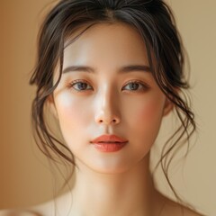 Fototapeta premium Ethereal Beauty of an Asian Female Model: A Portrait Celebrating Healthy Facial Skin and the Natural Look in Cosmetics.
