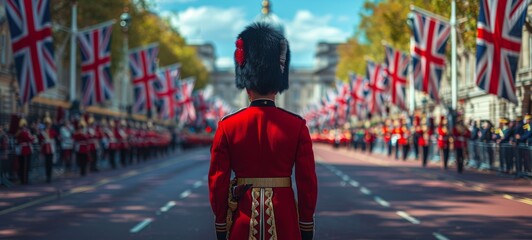 British Trooping. Trooping the Colour Participant. A British guard in a striking red uniform standing at attention during the Trooping the Colour parade, with rows of flags and spectators
