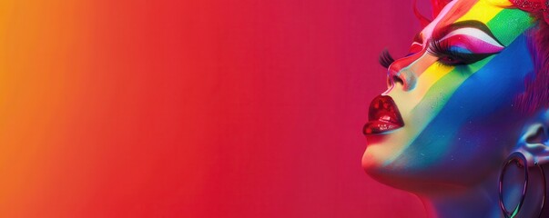 Drag queen with heavy makeup and colorful feathers, expressive look. Free copy space for text.