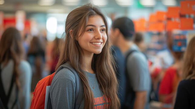 A telephoto angle photo of first-year students attending a campus cultural fair, exploring booths and learning about each other’s backgrounds, with copy space