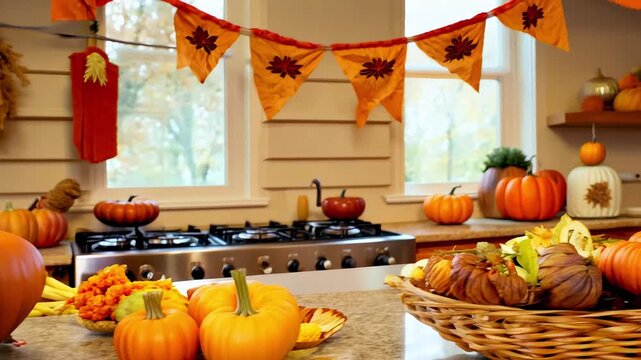 A kitchen decorated for Thanksgiving, with autumn-themed towels, a bowl of pumpkins on the counter, and a banner with fall colors hanging above the stove