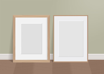 Two wooden frames on the floor. Vector mockup with space for design.