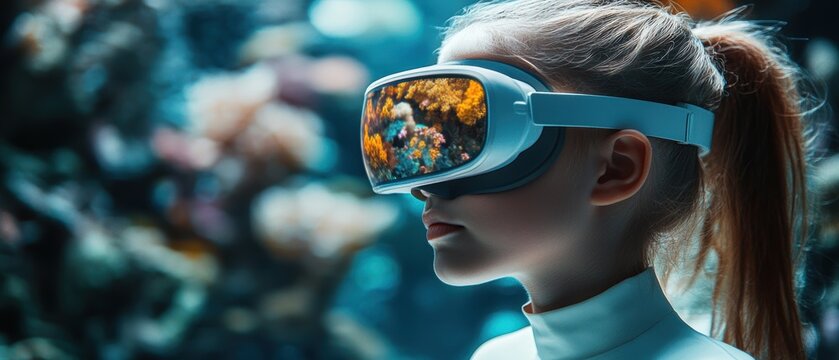 A young girl experiences virtual reality, wearing VR goggles, immersed in a vibrant underwater scene filled with colorful coral and marine life