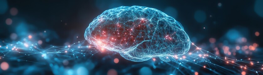 A digitally rendered brain illuminated with glowing connections, representing neural activity and advanced technology themes in a futuristic setting