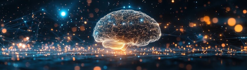 A visually stunning representation of a brain interconnected with glowing nodes, symbolizing advanced technology and neural networks in a futuristic setting