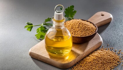 Mustard oil in a glass jar with mustard seeds and grains beside it, isolated on clean background. Showcasing the natural beauty and health benefits of this versatile ingredient