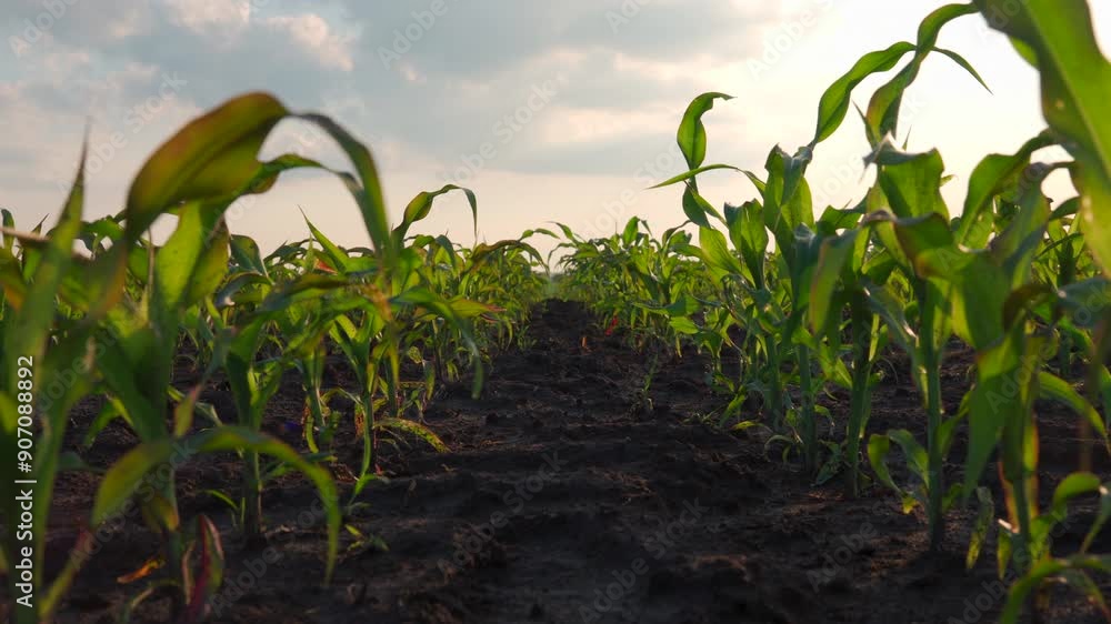 Wall mural A small corn seedling grows in a field. Close-up of corn sprouts growing in an agricultural field. Corn plants at sunset. 4k footage.