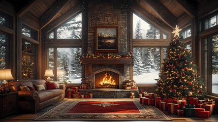 Cozy living room with a decorated Christmas tree, fireplace, no people, warm lights, snowfall outside the window.