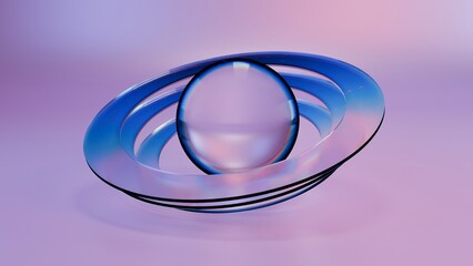 Glass sphere and rings shape on a pink background, 3d render