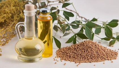 Mustard oil in a glass jar with mustard seeds and grains beside it, isolated on clean background. Showcasing the natural beauty and health benefits of this versatile ingredient