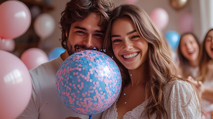 Naklejka premium A couple popping a gender reveal balloon filled with blue or pink confetti,