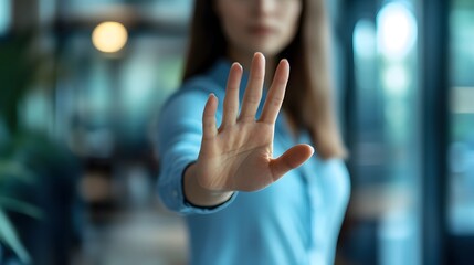 A woman making a 'stop' hand sign to oppose sexual harassment and violence in the workplace. Business professional