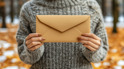 woman holds an envelope containing a mystery item, symbolizing anticipation, secrets, and the excitement of an unknown message. Her hands gently grasp the envelope, hinting at the importance of its co