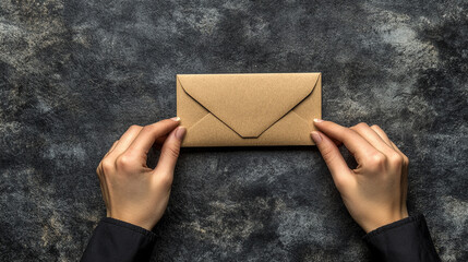 woman holds an envelope containing a mystery item, symbolizing anticipation, secrets, and the excitement of an unknown message. Her hands gently grasp the envelope, hinting at the importance of its co