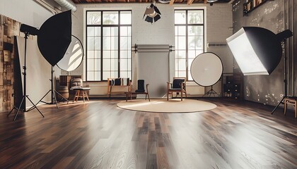 Interior of a modern photo studio with lighting equipment and white curtains