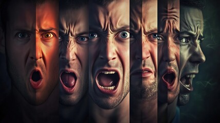 Emotional Spectrum Portrait: Composite Face Displaying Range of Human Expressions. Powerful Visual Representation of Diverse Feelings, Shows Complexity of Human Psychology and Nonverbal Communication.