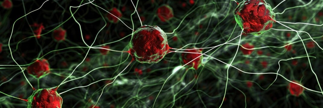 Human neuroblastoma cells red stained nuclei green microfilaments