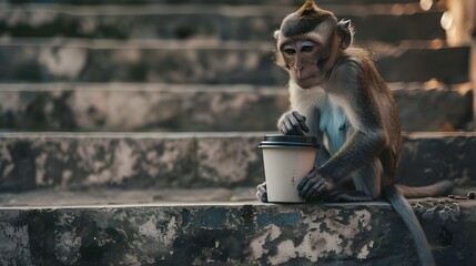 A small monkey seated on steps with coffee, appearing weary on a Monday morning, reflecting relatable human fatigue and the need for caffeine to start the week 