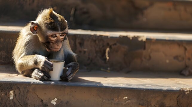 A small monkey seated on steps with coffee, appearing weary on a Monday morning, reflecting relatable human fatigue and the need for caffeine to start the week 
