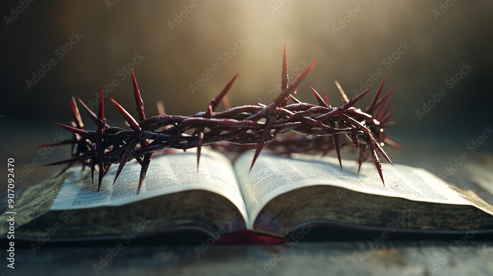 Wall mural crown of thorns is lying on open bible symbolizing jesus sacrifice and redemption for christian reli