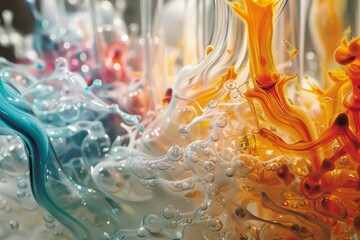 Colorful Chemistry. Vivid and dynamic display of chemical reactions in glass containers, blending vibrant colors and abstract forms for a modern and artistic visual experience.