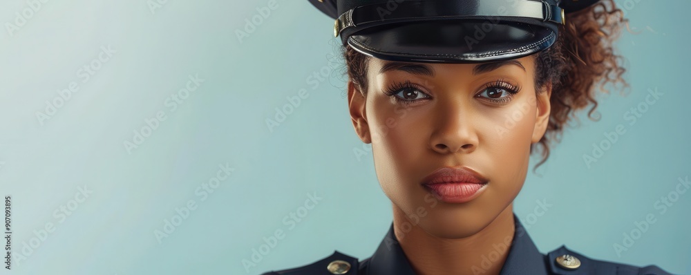 Wall mural Confident female police officer standing with arms crossed. Free copy space for text.