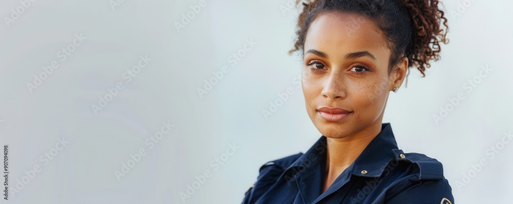 Wall mural Confident female police officer standing with arms crossed. Free copy space for text.