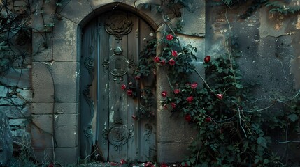 Church ruin's door adorned with morning roses. Symbolizing resilience amidst decay, nature's beauty...