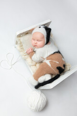 Little adorable newborn girl sleeps in a hat with cat ears. Neutral background. Studio shot of a ten-day-old newborn baby. Beginning of life. Fairy tale. kitten costume