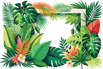 Exotic green leaves background. Natural palm leaves frame, tropical leaves frame. Vector design illustration