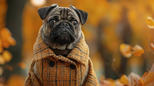 A cute pug wears a cozy sweater while surrounded by vibrant autumn leaves in a serene park setting