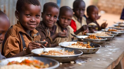 Happy poor african school children eating together. Problems of hunger and lack of food in African countries.