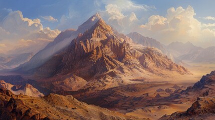 Obraz premium A Majestic Mountain Peak Rising Above a Desert Landscape, Digital Art, Fantasy, Mountains, Desert, Sky, Clouds